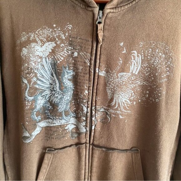 Y2K 725 Originals Full Zip Sweatshirt Woman XL Brown Dragon Streetwear Raw Hems - Picture 5 of 15
